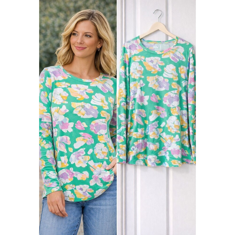 LOGO by Lori Goldstein Printed Tunic Top XL Multi Color Stretch Long Sleeve